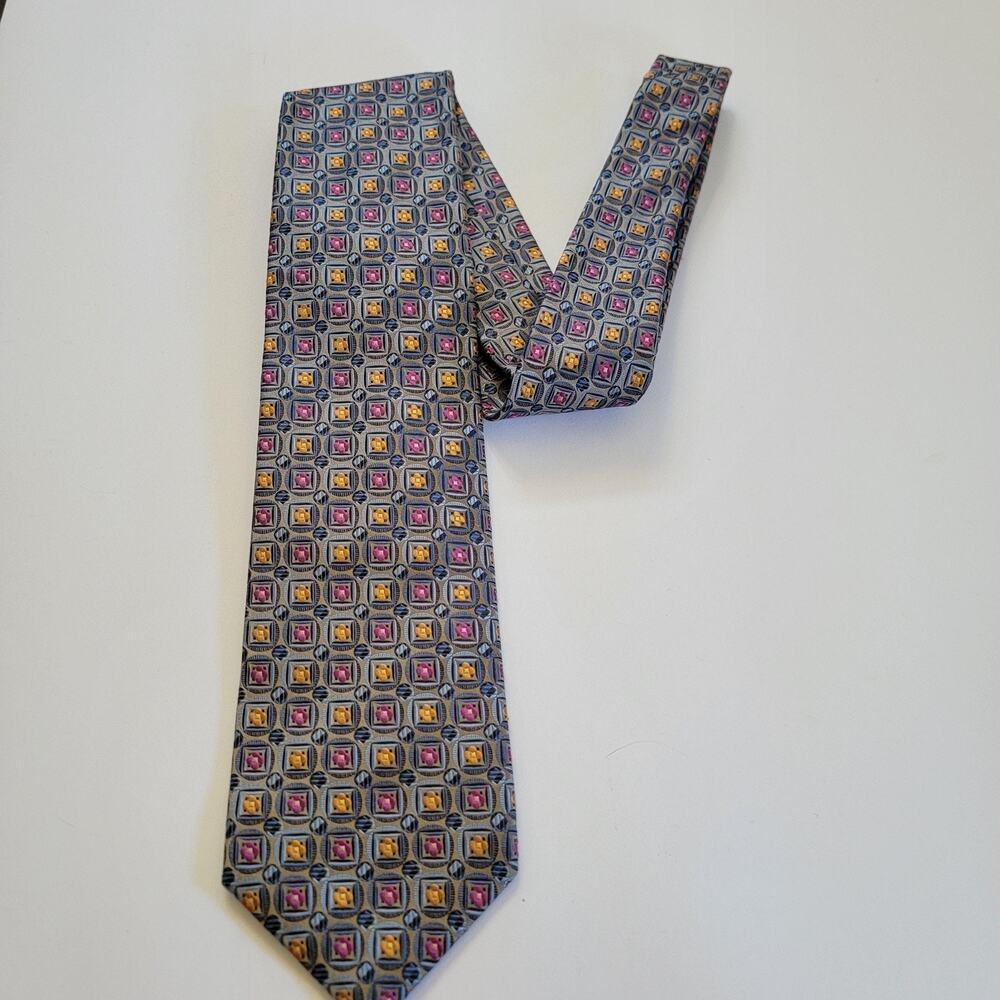 Handmade Silk Neck Tie Mens Multi-Color Geometric Pattern Made USA Italy Dress